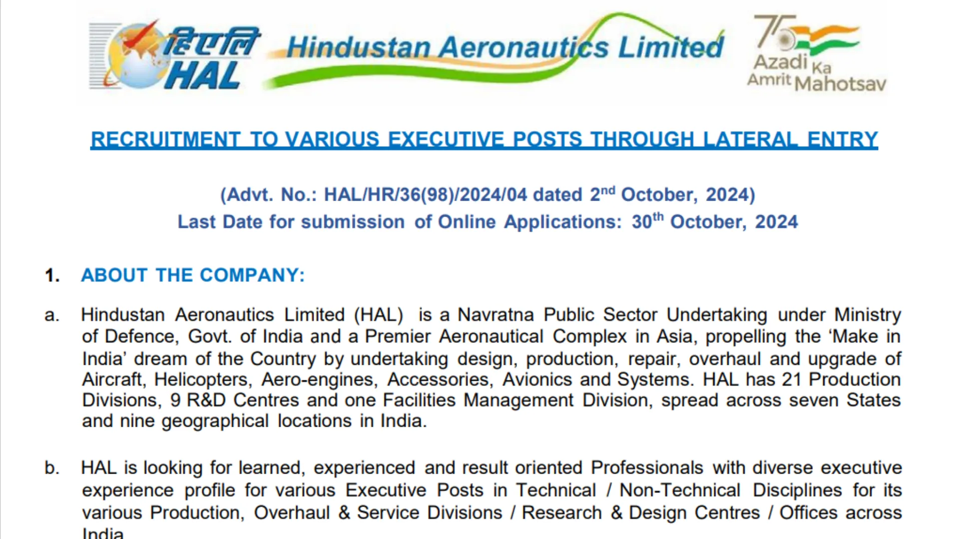 Hindustan Aeronautics Recruitment 2024: Apply Now for Multiple Positions