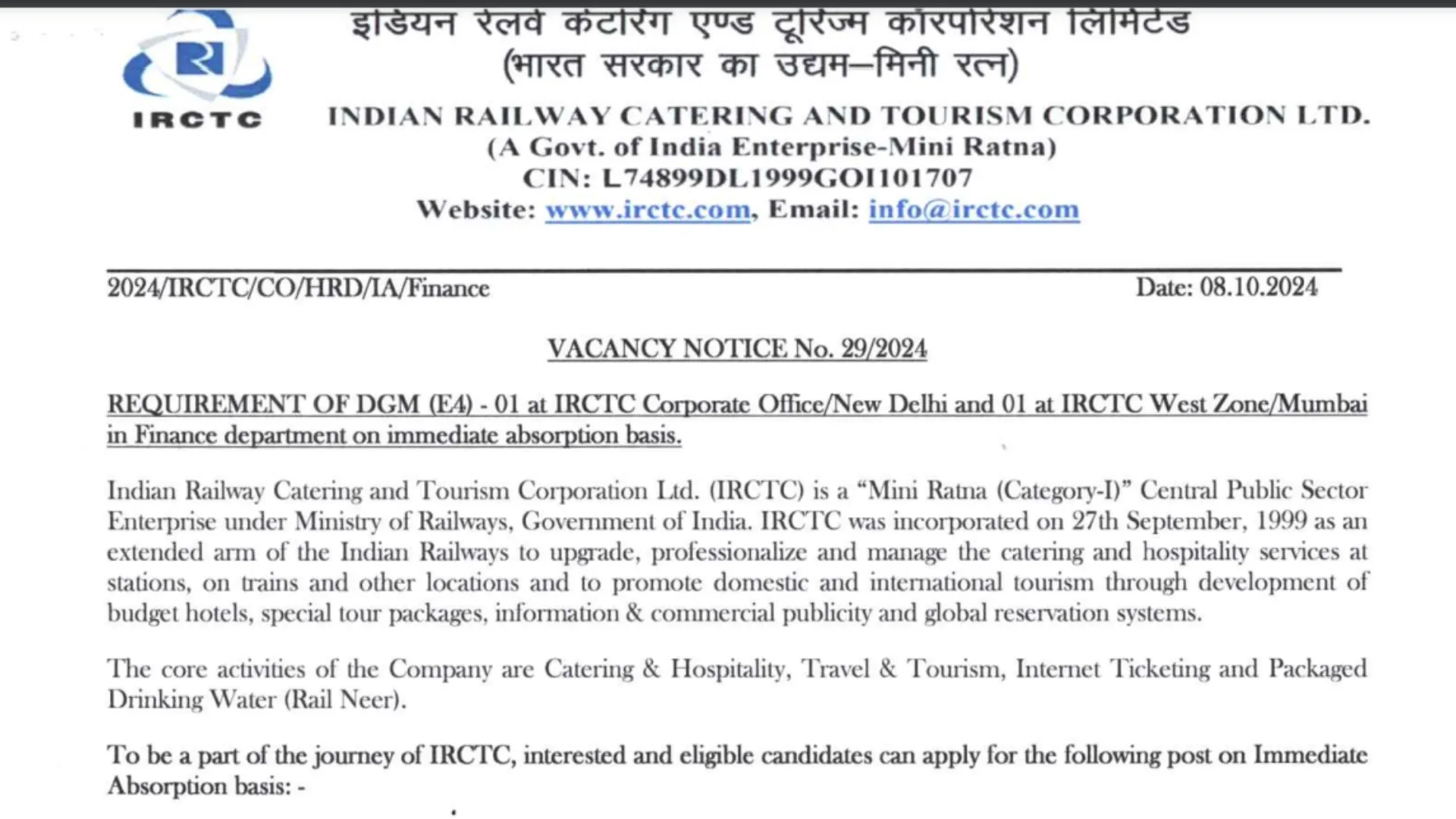 IRCTC Recruitment 2024: Notification Released for Various Posts, Apply Now