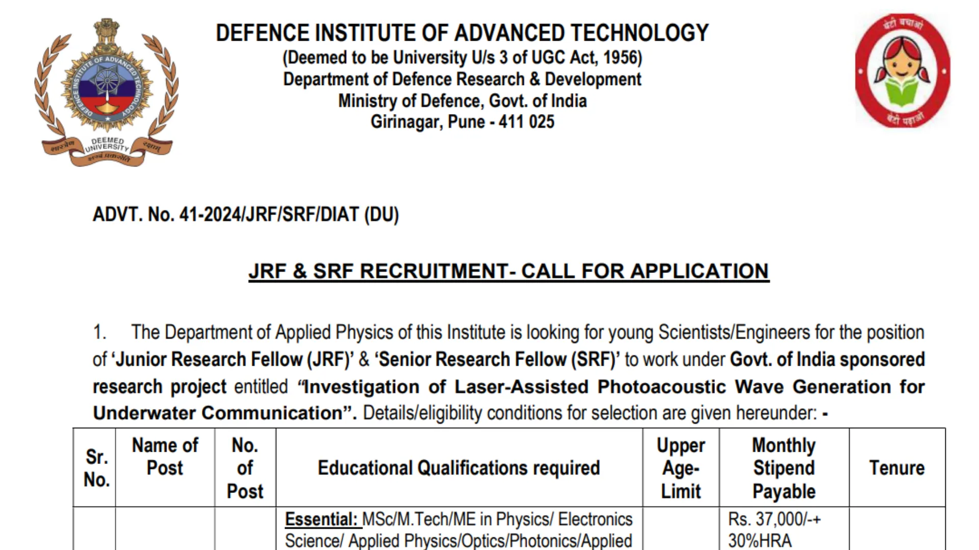 DIAT Recruitment 2024: Apply Now for Junior and Senior Research Fellow Posts