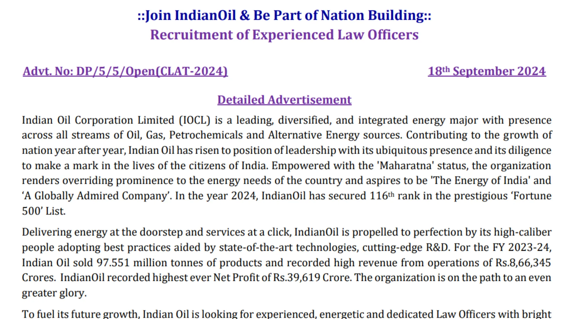 Indian Oil Corporation Limited (IOCL) Law Officer Recruitment 2024: Apply Now Before the Last Date