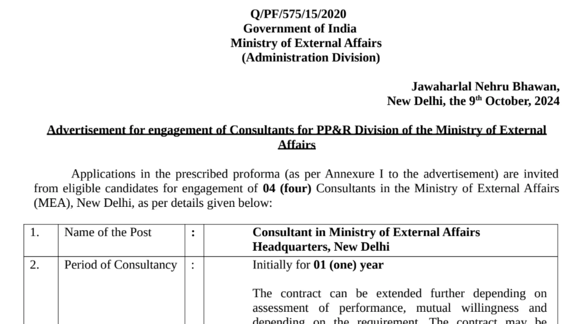 Ministry of External Affairs Recruitment 2024: Consultant Post Notification Released, Apply Online and Offline