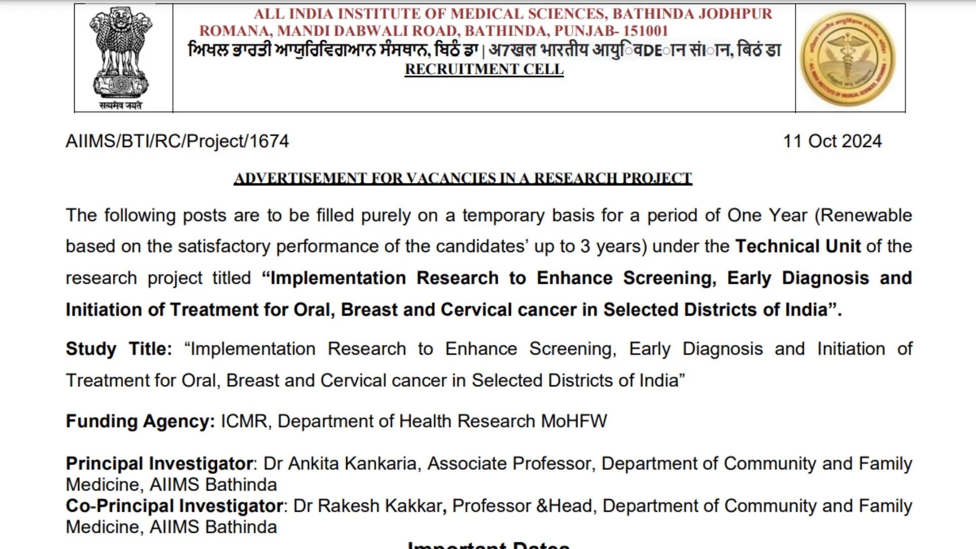 AIIMS Bathinda Recruitment 2024: Notification Out for Various Posts, Appy Now