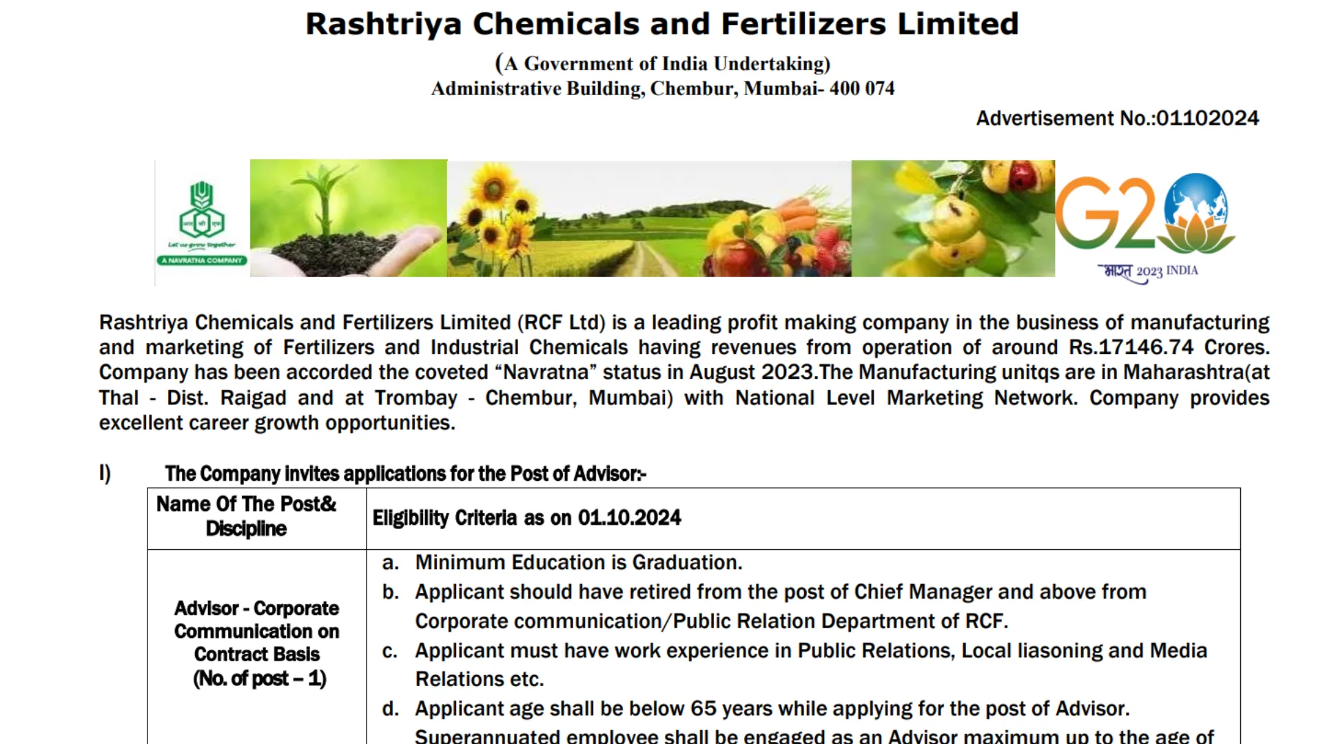 RCF Recruitment 2024: Apply Now for Advisor Post