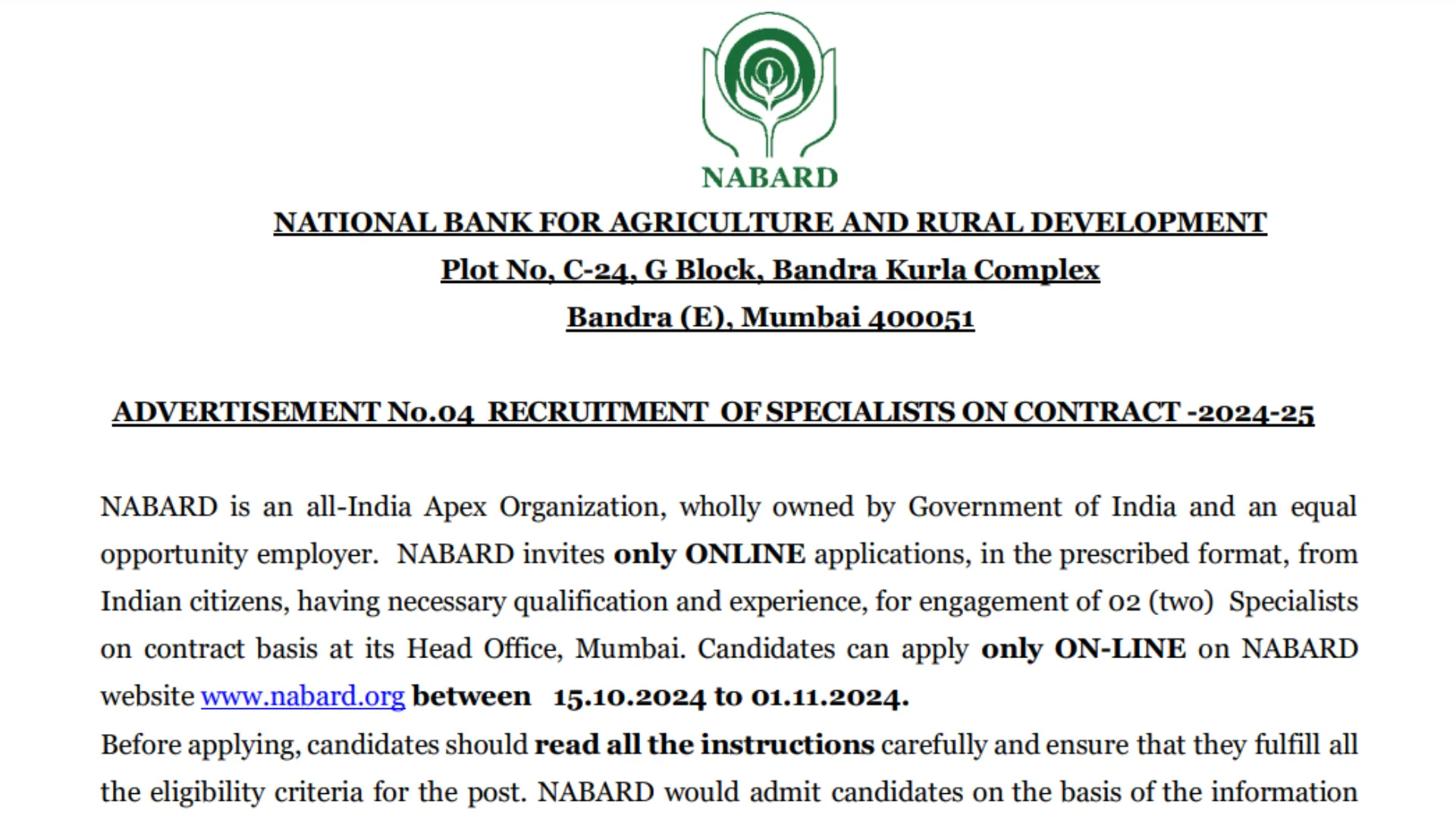 NABARD Recruitment 2024: Notification Out for Specialist Posts, Apply Online