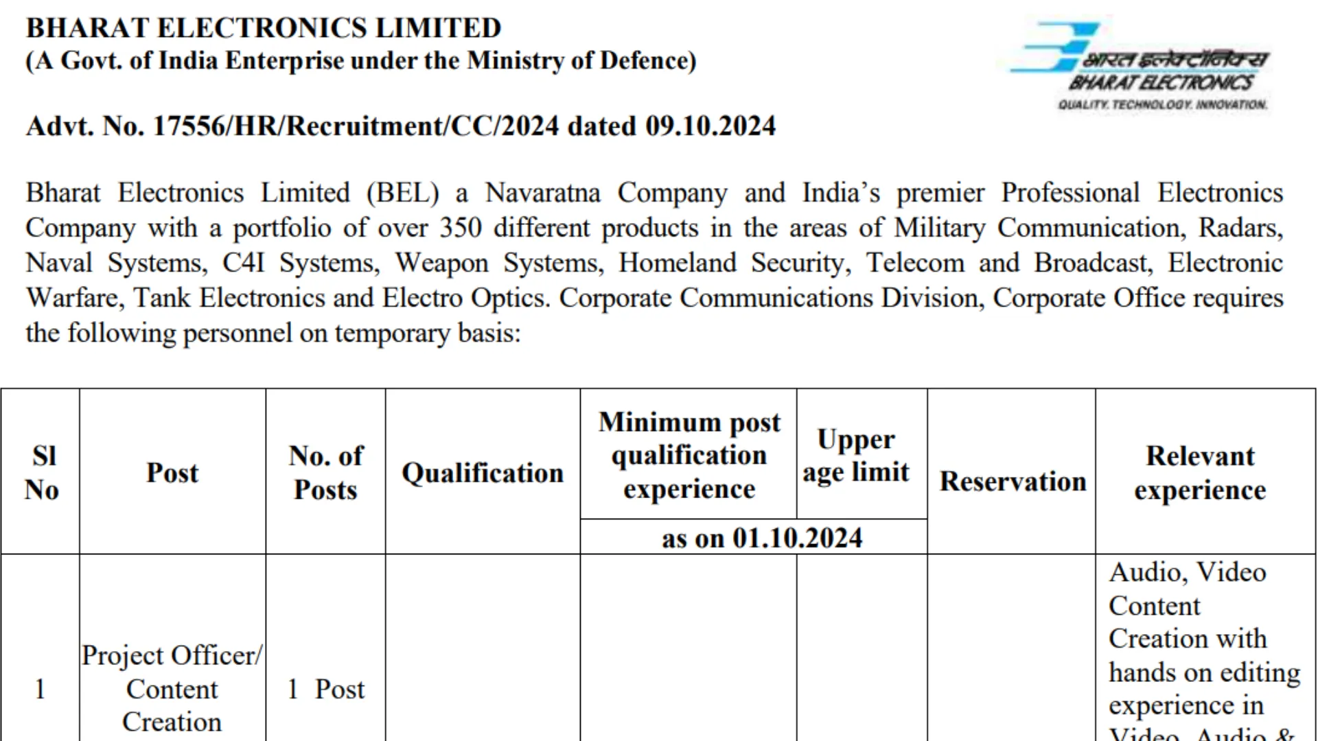 BEL Recruitment 2024: Notification Out for Various Posts, Apply Online