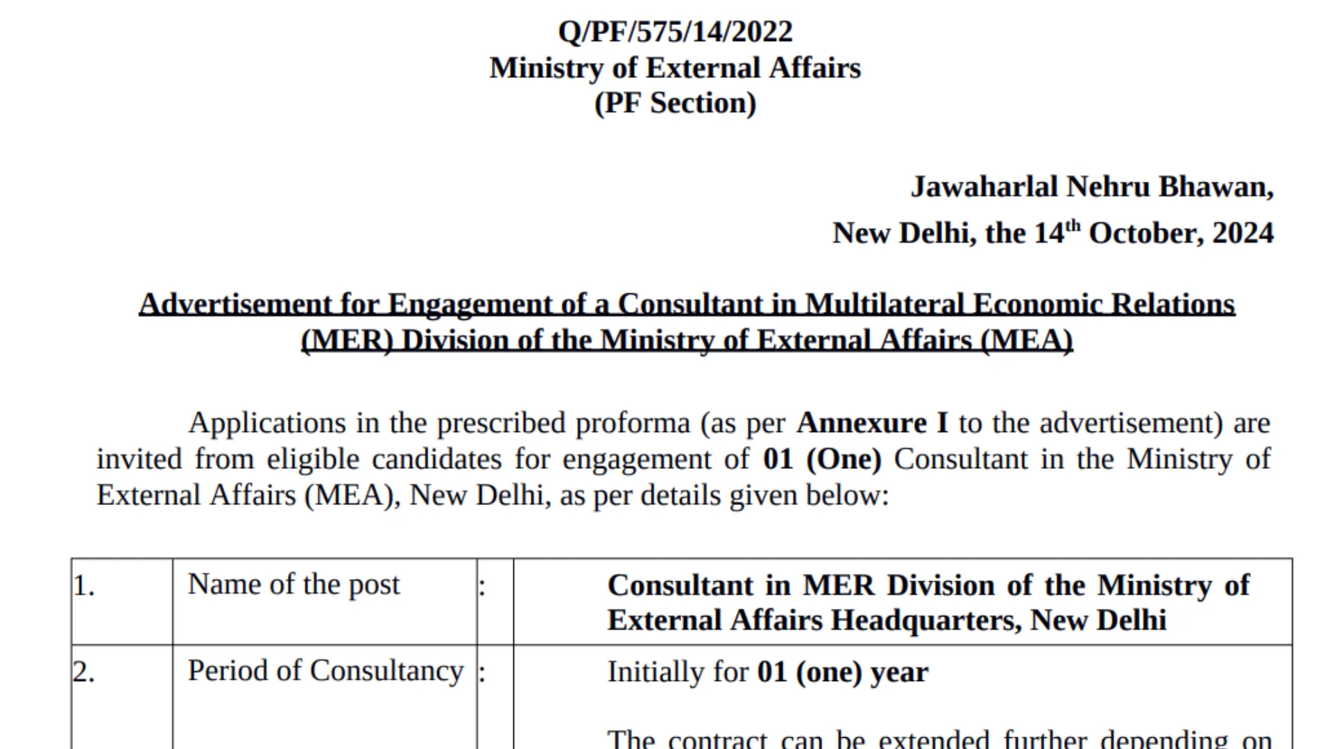 Ministry of External Affairs Recruitment 2024: Apply Now for Consultant Post