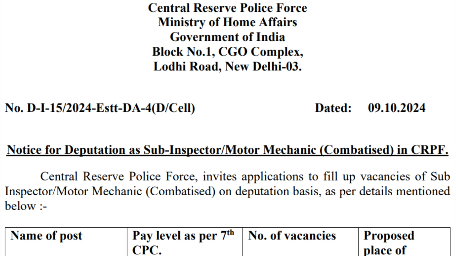 CRPF Recruitment 2024: Notification Released for 124 Sub-Inspector/Motor Mechanic Posts, Apply Now