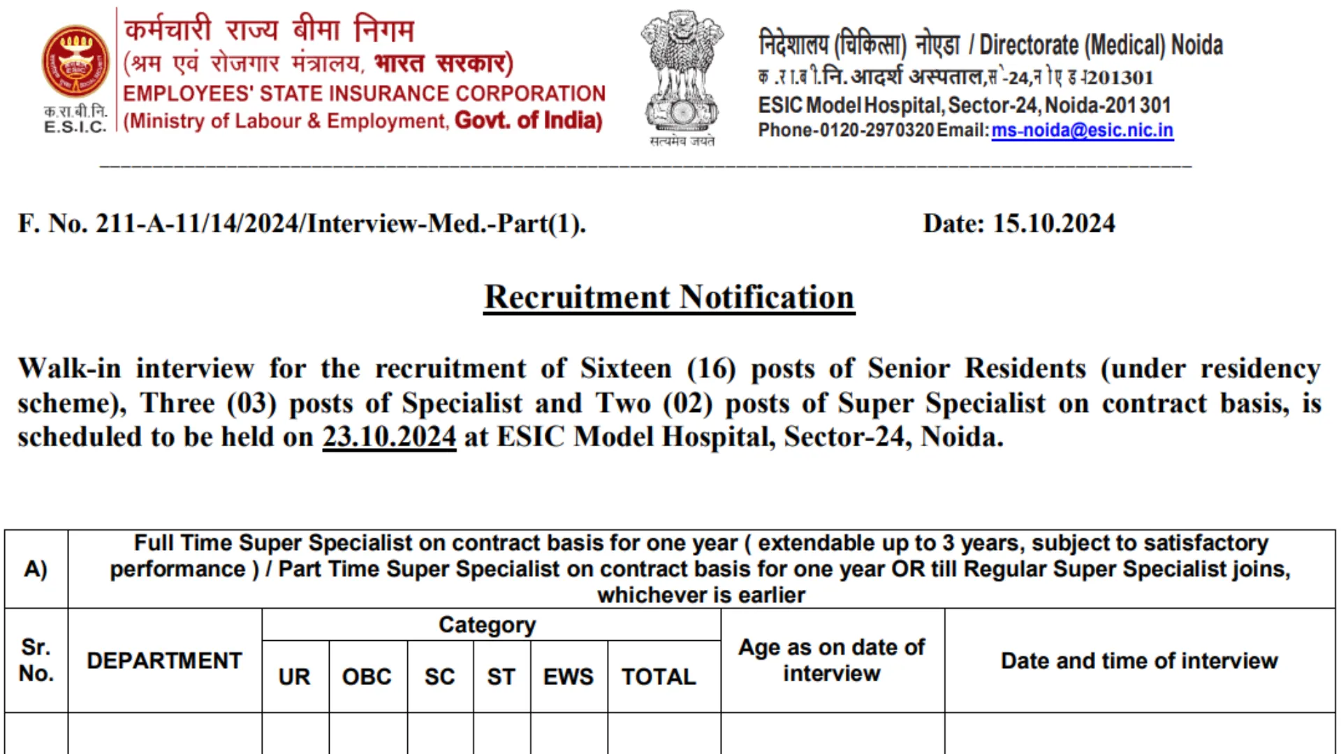 ESIC Recruitment 2024: Walk-in Interviews for Positions with Salary up to ₹240,000