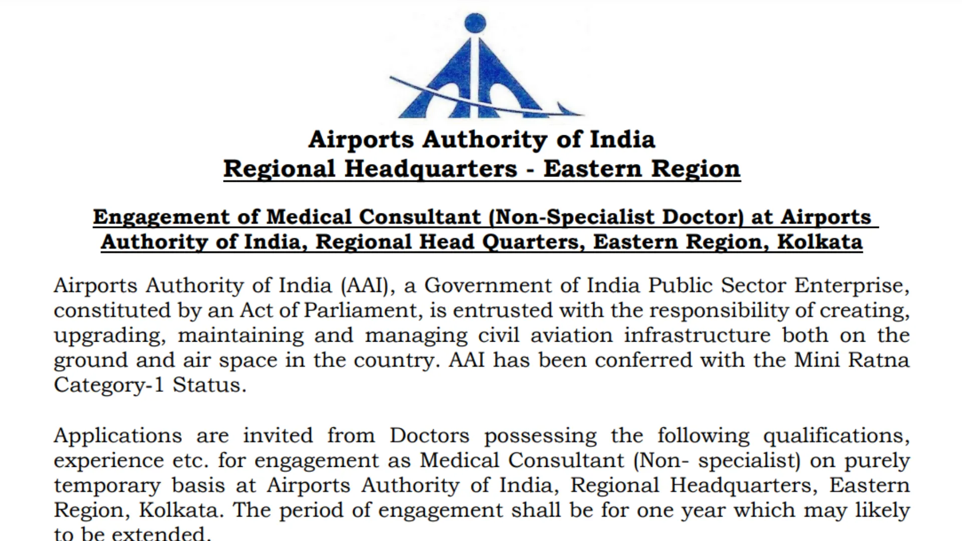 Airports Authority of India Recruitment 2024: Apply for Medical Consultant (Non-Specialist Doctor) Posts