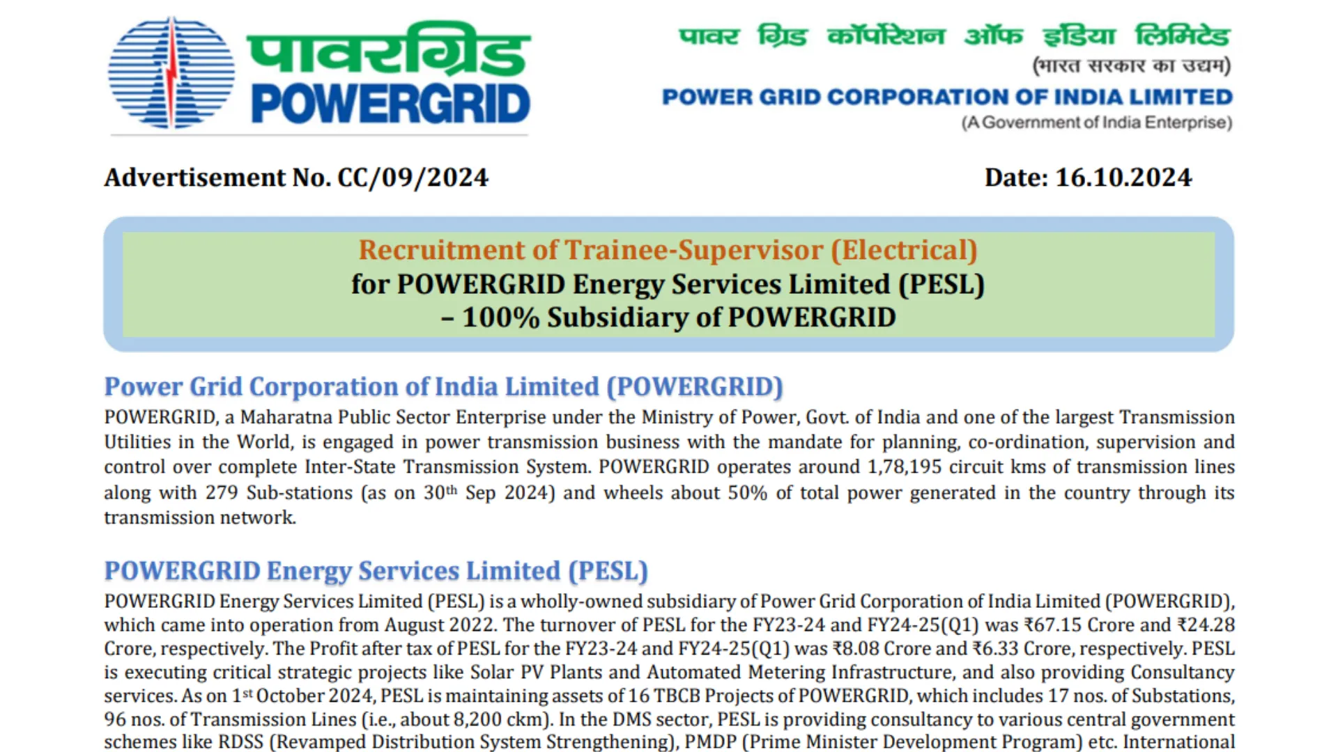 Power Grid Recruitment 2024: Apply Online for 70 Trainee Supervisor (Electrical) Posts