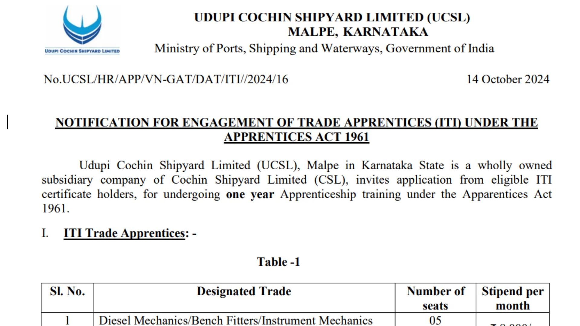 UCSL Recruitment 2024: Apply Now for ITI Trade Apprentices