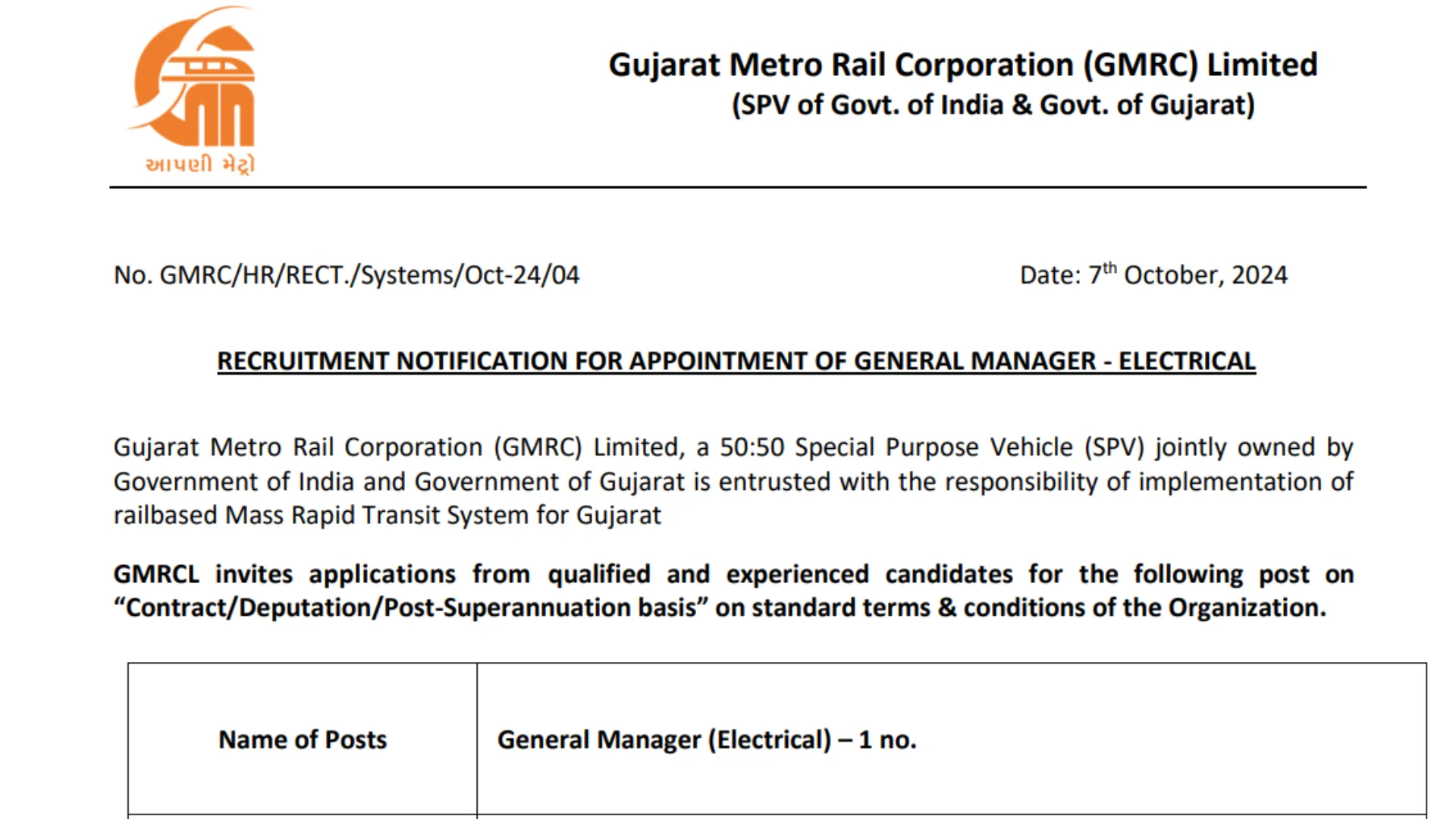 GMRC Recruitment 2024: Apply Now for General Manager Post