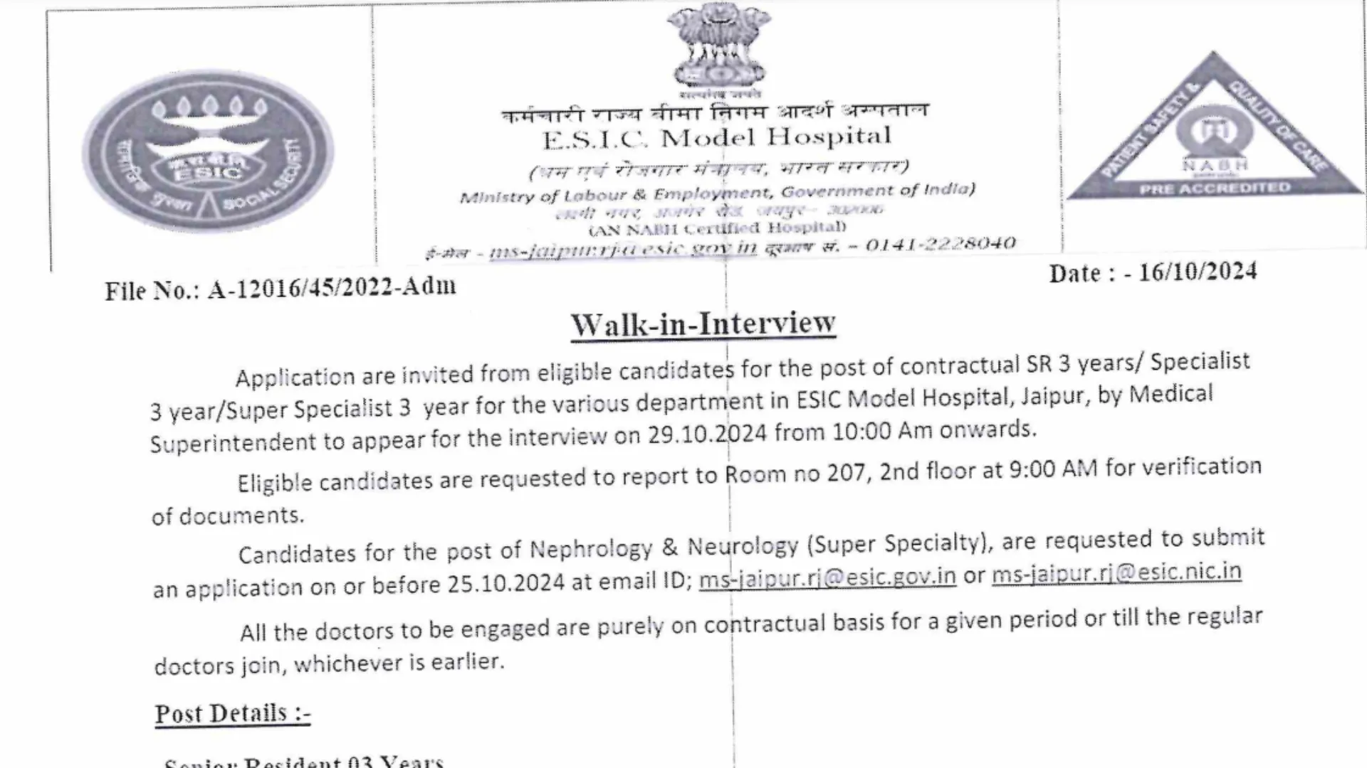 ESIC Recruitment 2024: Applications Now Open for Walk-In Interview