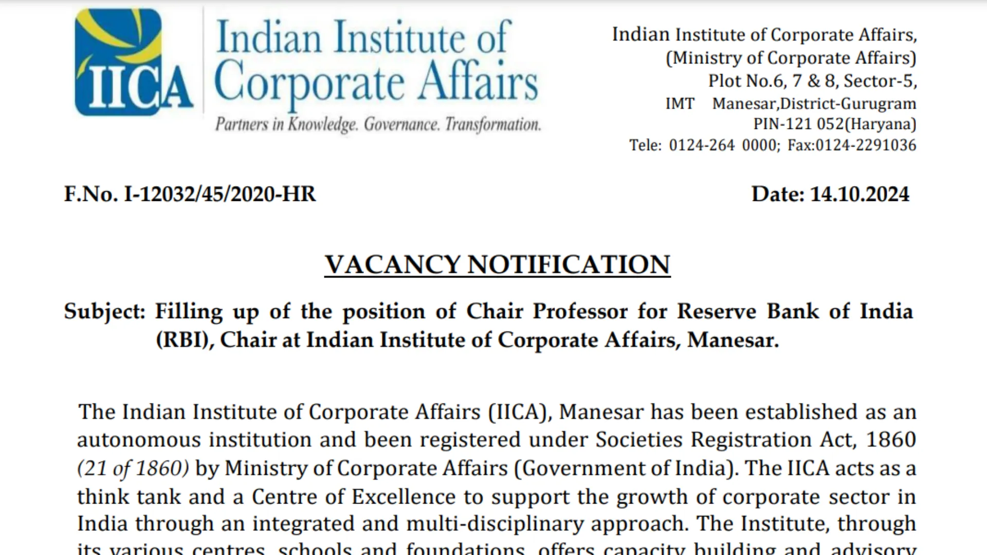 IICA Manesar Recruitment 2024: Apply Now for Chair Professor Post