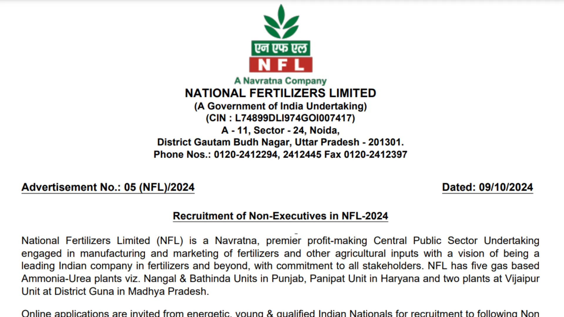 NFL Recruitment 2024: Apply Online for 336 Non-Executive Posts