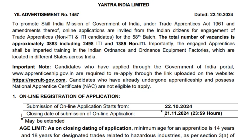 Yantra India Limited (YIL) Apprentice Recruitment 2024 Notification OUT for 3883 Posts, Apply Online