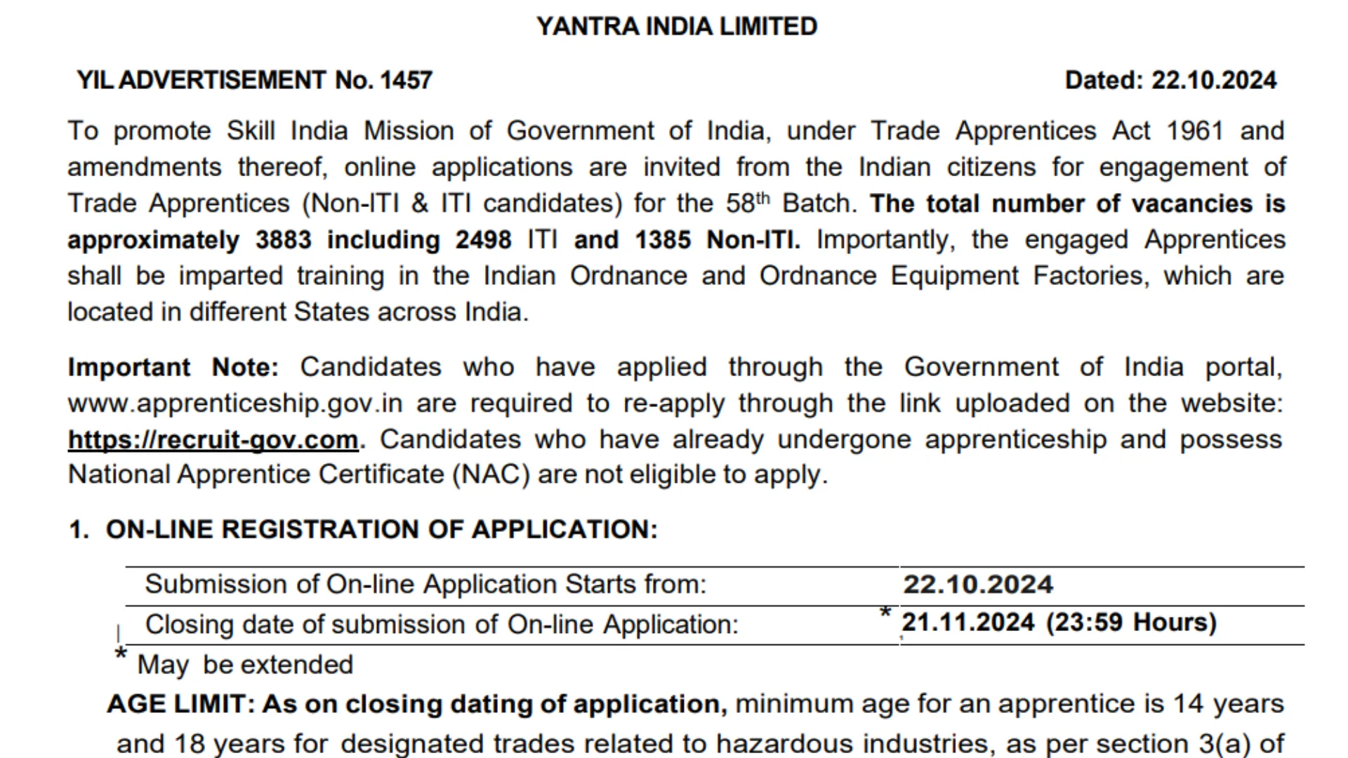 Yantra India Limited (YIL) Apprentice Recruitment 2024 [3883 Post] Notification and Online Application Form