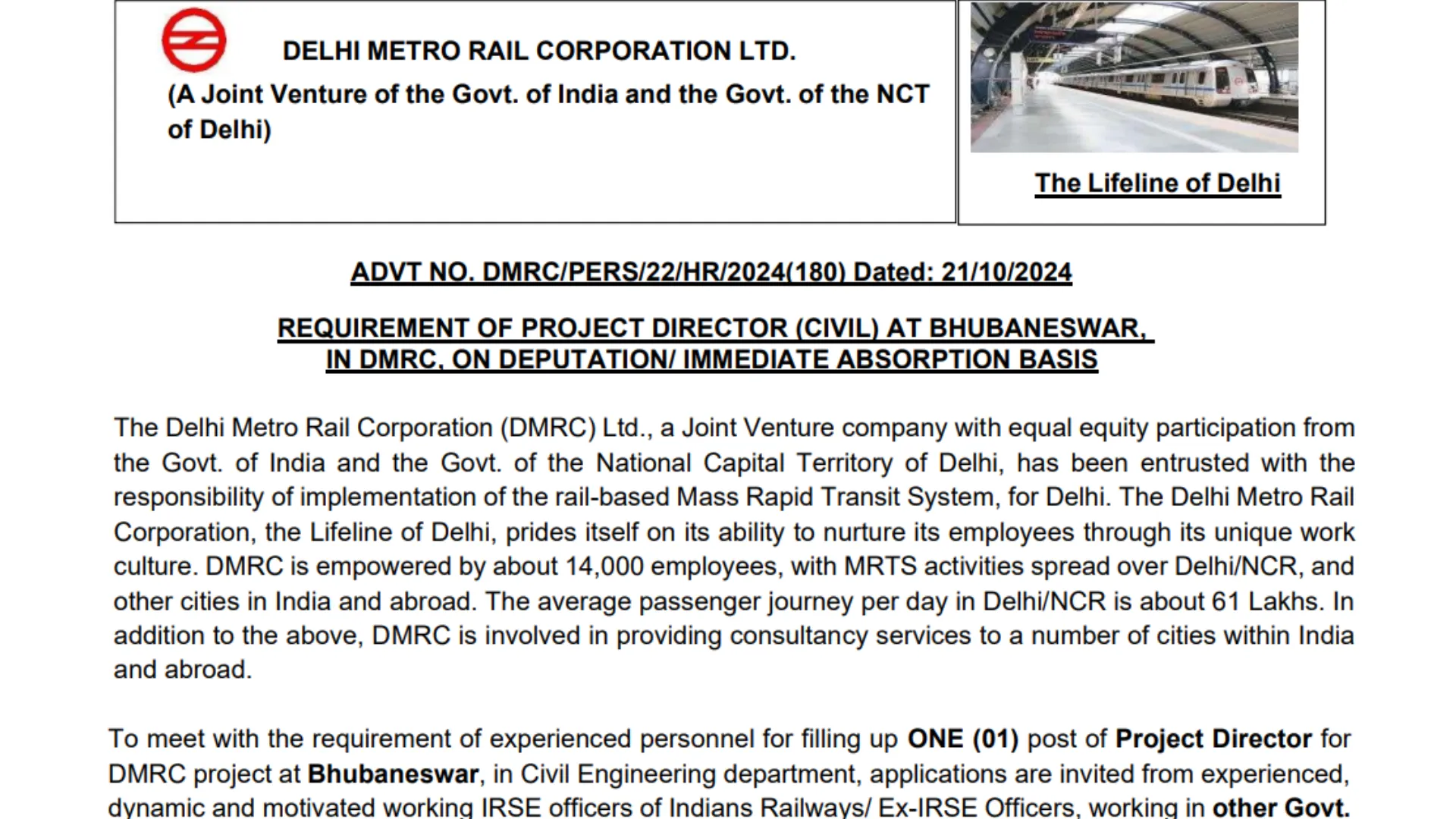 DMRC Recruitment 2024: Apply for Project Director (Civil) with Salary up to ₹2.8 Lakh Per Month