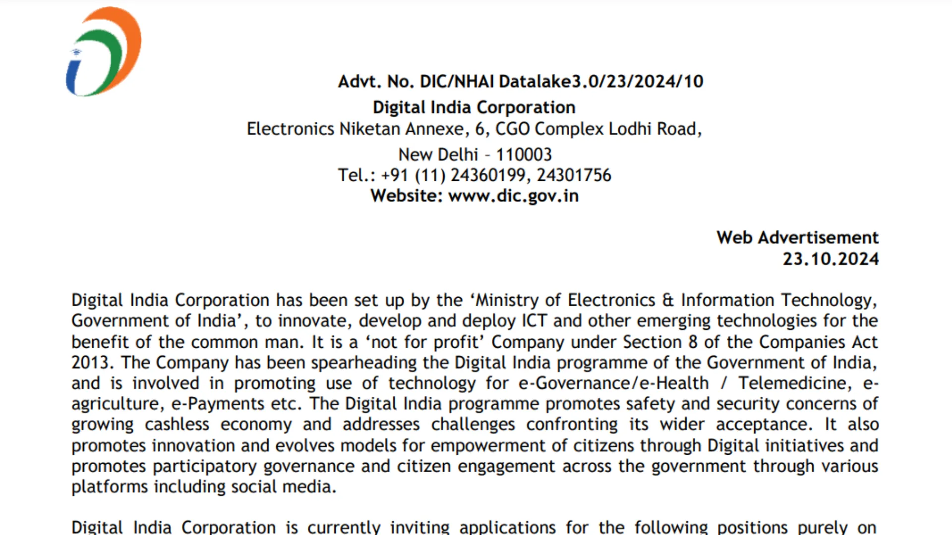 Digital India Corporation Recruitment 2024: Notification Out for Various Posts, Apply Now