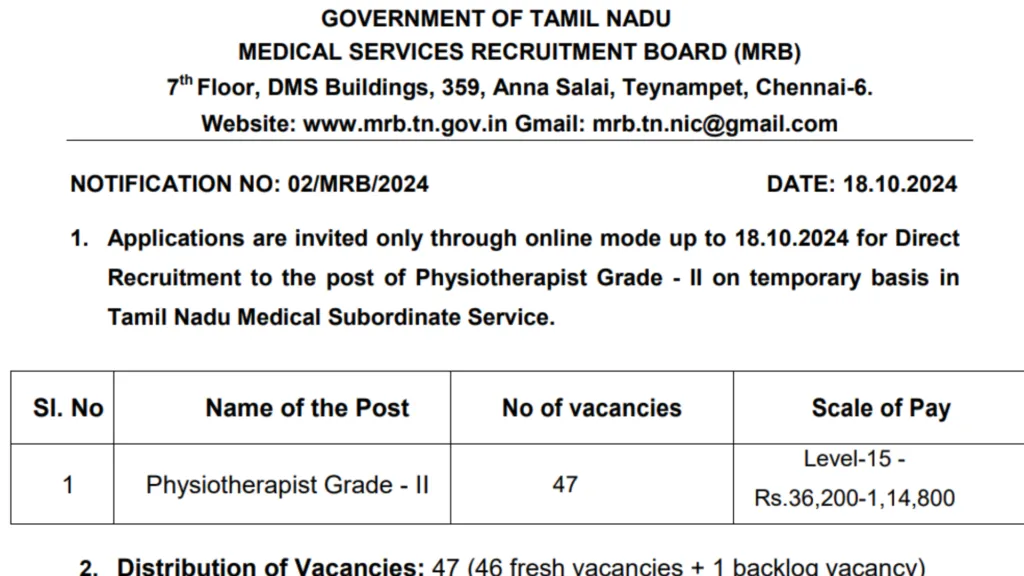 MRB Recruitment 2024: Apply Now for 47 Physiotherapist Posts