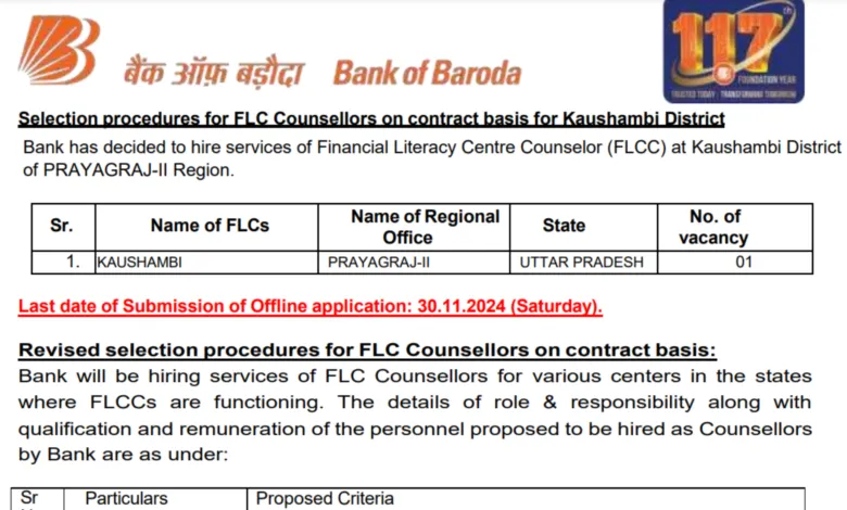 Bank of Baroda Recruitment 2024: Apply Now for FLC Counsellors Post