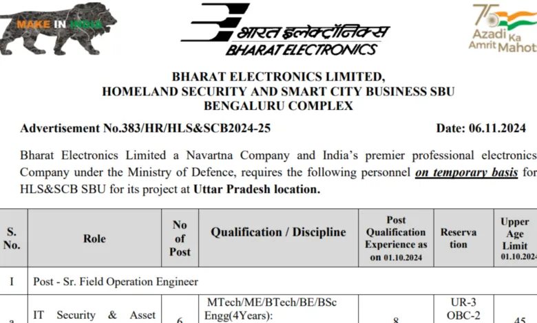 BEL Recruitment 2024: Apply Online for 78 Senior Field Operation Engineer and Other Posts