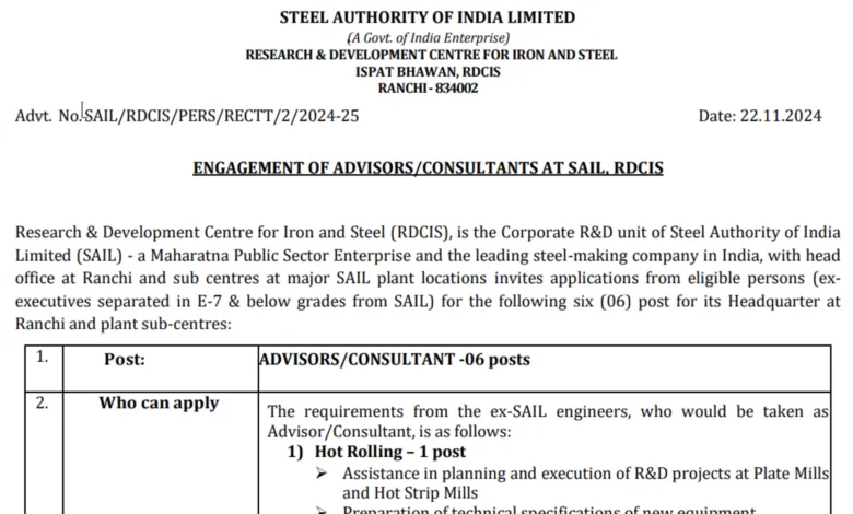 SAIL Recruitment 2024: Notification for Advisor/Consultant Post, Apply Now