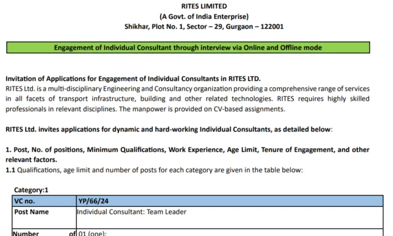 RITES Recruitment 2024: Apply for Individual Consultant Posts