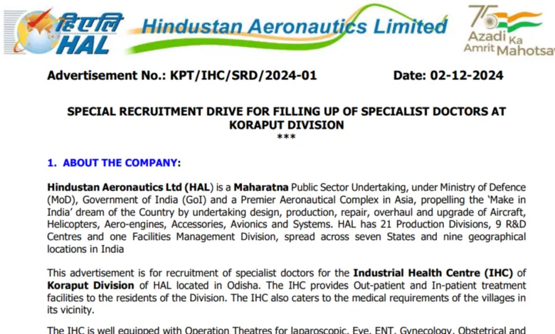 Hindustan Aeronautics Recruitment 2024: Apply for Senior Medical Officer Post