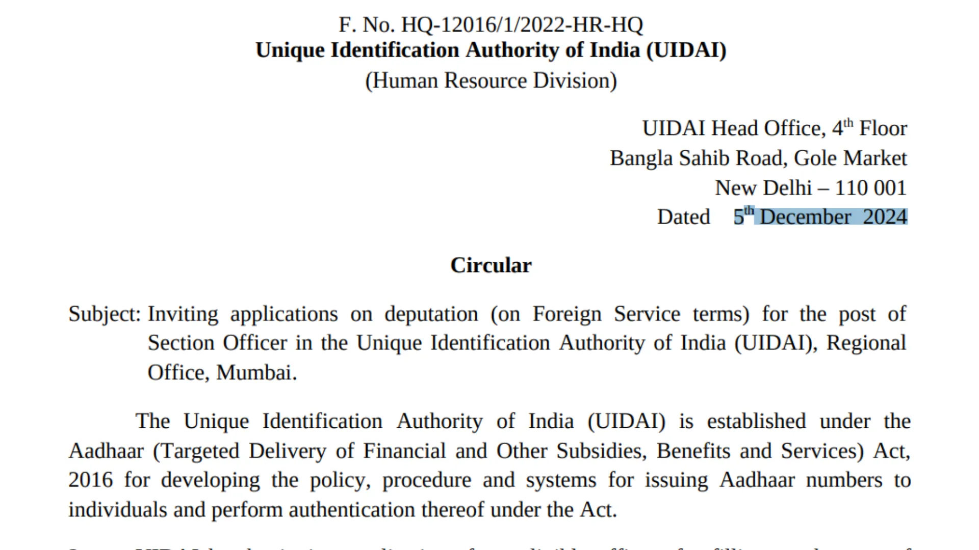 UIDAI Recruitment 2024: Apply Now for Section Officer Post