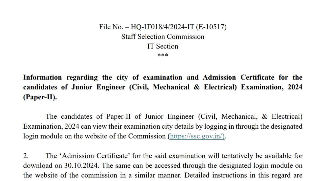 SSC Junior Engineer Exam City Link Released, Check Here