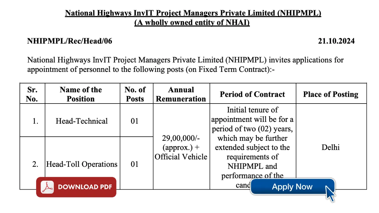 NHIPMPL Recruitment 2024: Apply Now for Head-Technical and Head-Toll Operations Positions