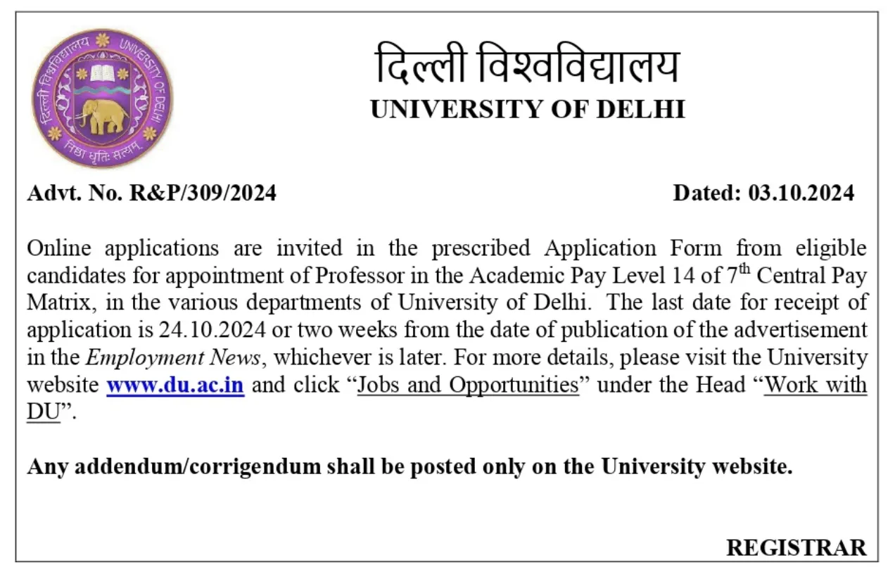 Delhi University Professor Recruitment 2024, 574 Vacancies, Download Notification PDF