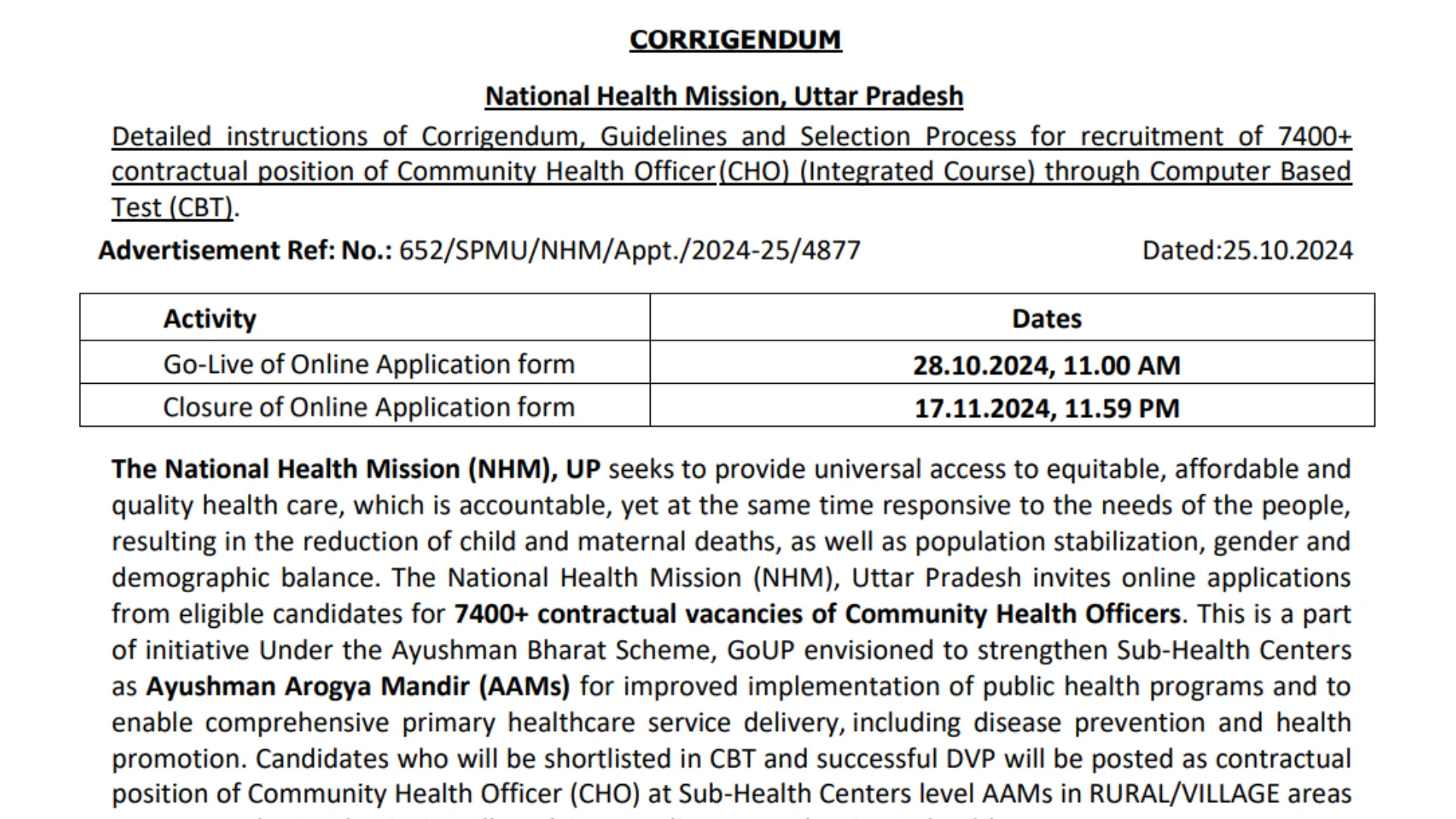 NHM Uttar Pradesh Community Health Officer CHO Recruitment 2024 Apply Online for 7401 Post, District Wise Vacancy