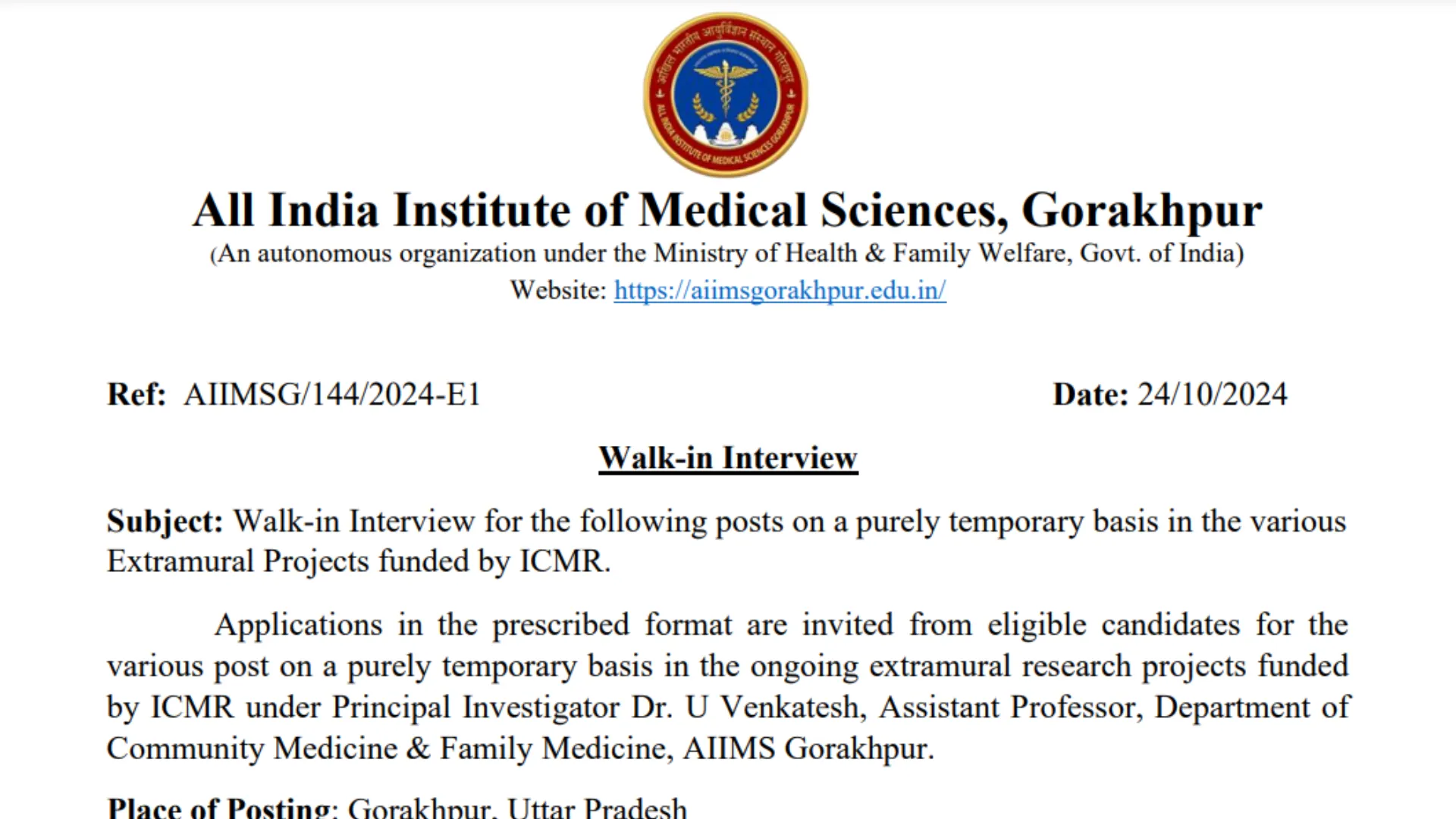 AIIMS Gorakhpur Recruitment 2024: Apply Now for Various Posts with Salaries Up to ₹79,060