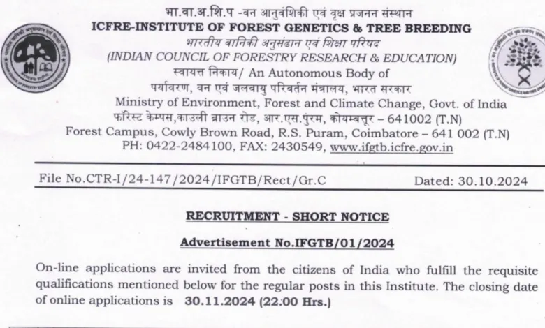 ICFRE IFGTB Recruitment 2024 Notification and Online Application Form for MTS, LDC, etc.