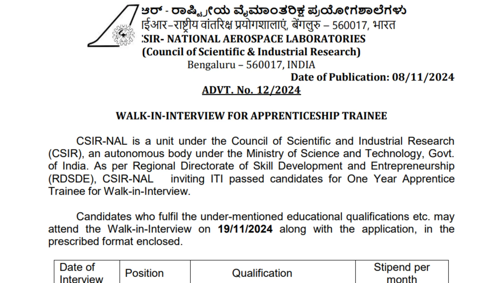 CSIR-NAL Recruitment 2024: Walk-In Interviews for Apprentice Posts