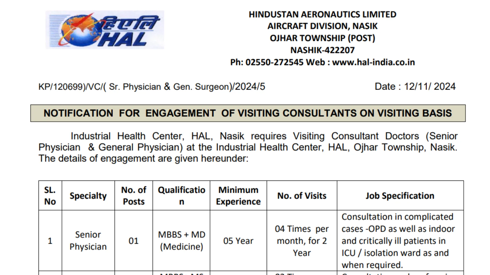 Hindustan Aeronautics Recruitment 2024: Apply for Senior Physician and General Surgeon Posts