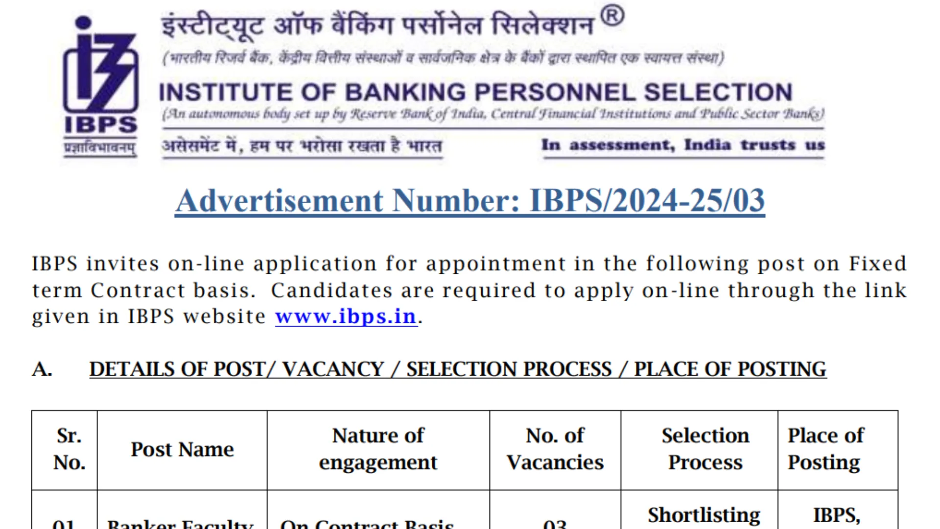 IBPS Recruitment 2024: Notification Out for Banker Faculty and Other Posts, Apply Online