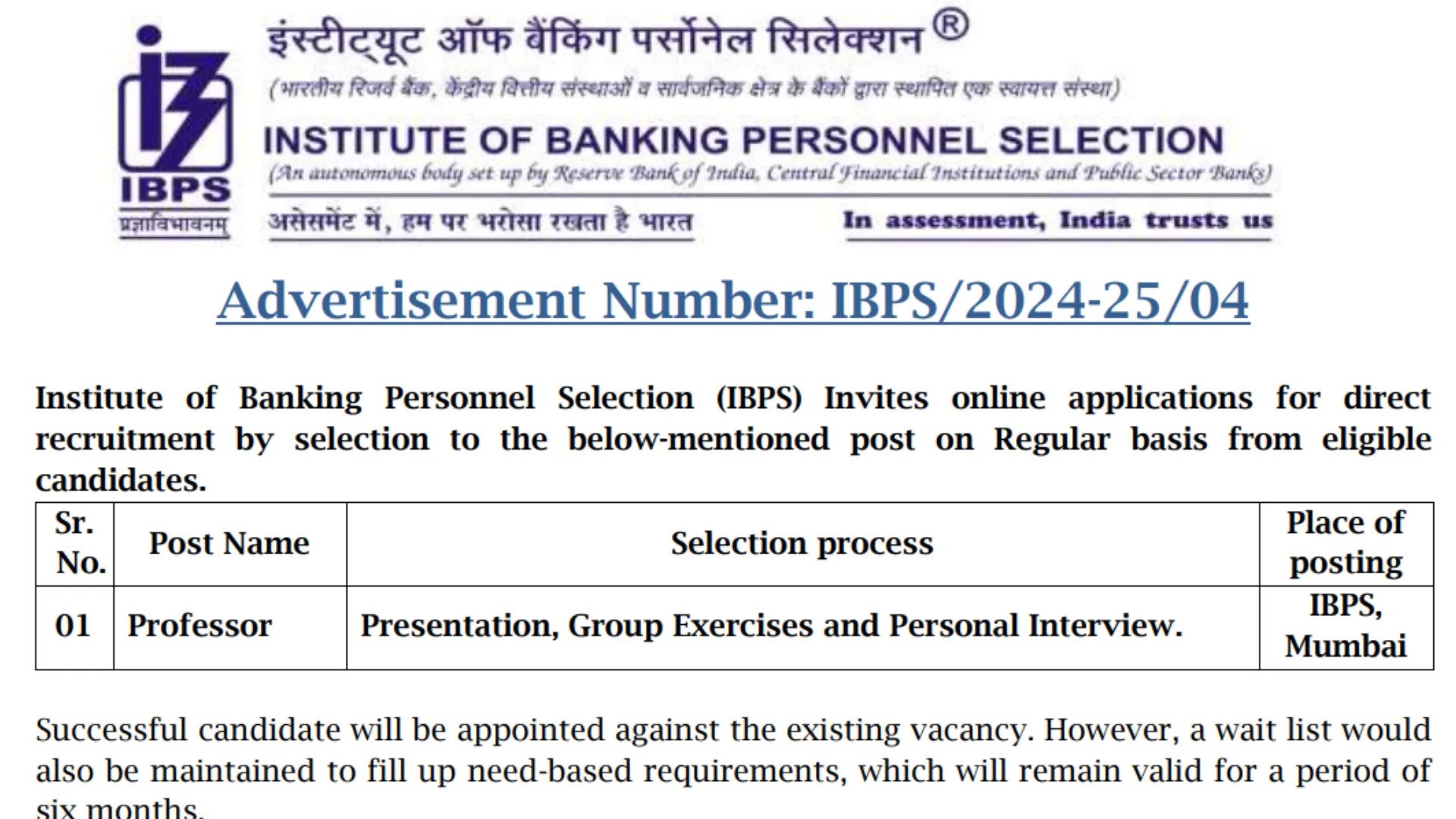 IBPS Recruitment 2024: Apply Online for Professor Post