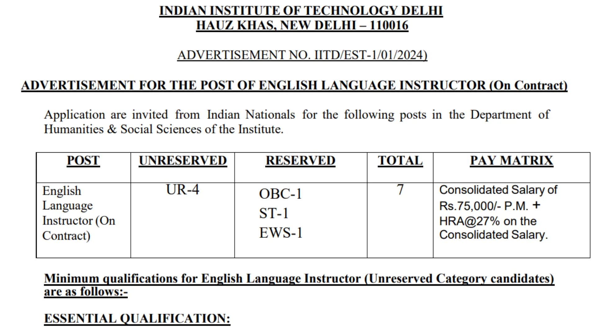 IIT Delhi Recruitment 2024: Apply for English Language Instructor Post with Monthly Salary Up to Rs. 75,000