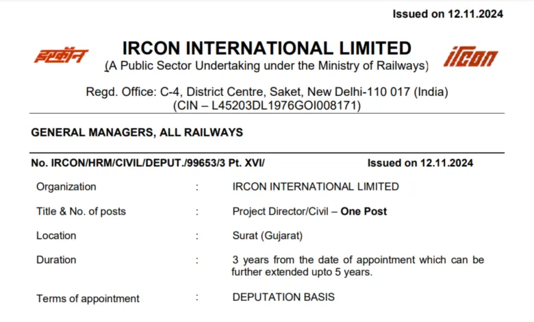 IRCON Recruitment 2024: Apply Now for Project Director/Civil Post