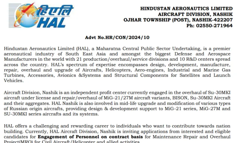 HAL Recruitment 2024: Apply for Specialist (Quality and Training) and Other Posts