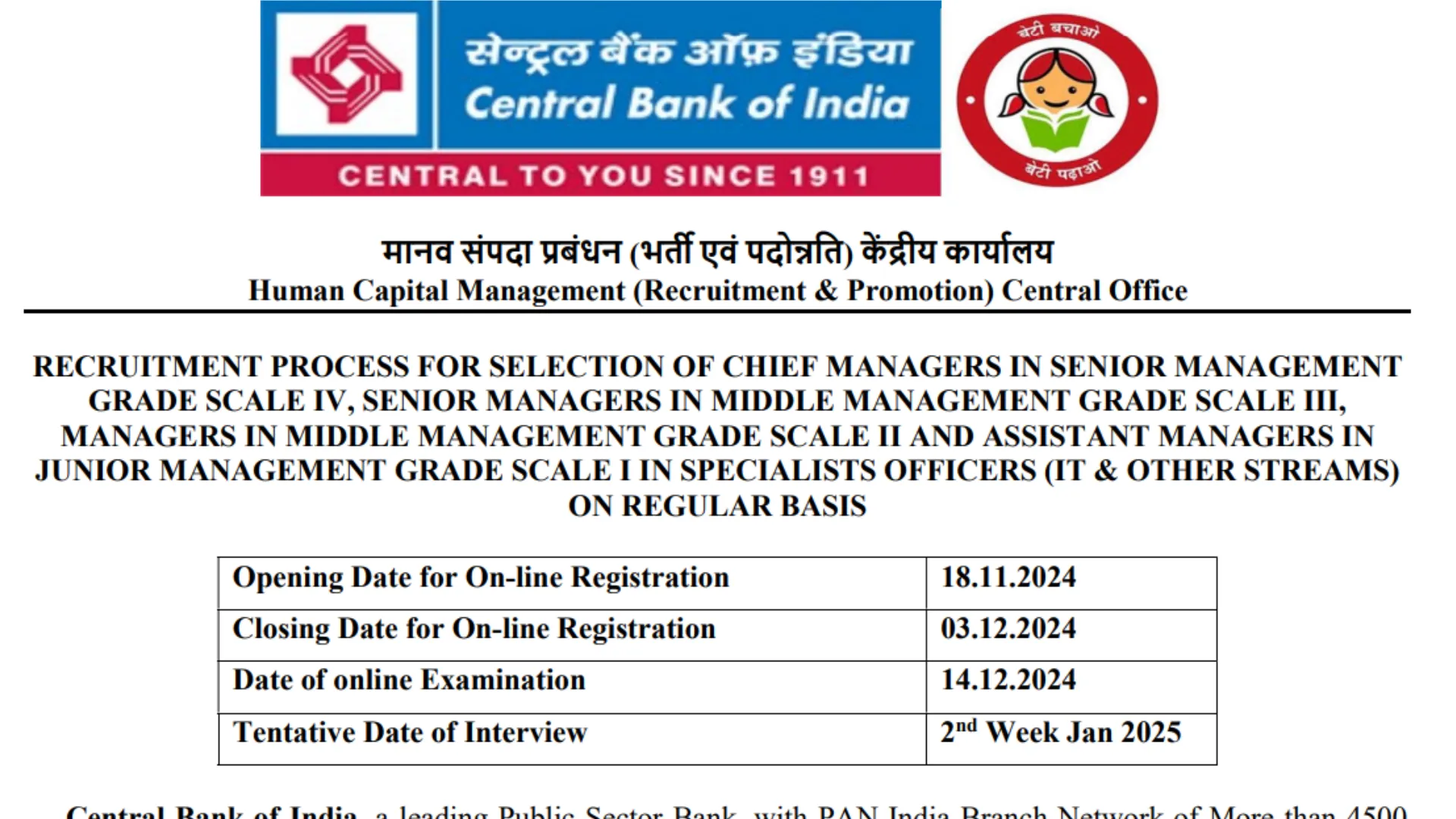 Central Bank of India Recruitment 2024: Notification Out for 253 Various Posts, Apply Online