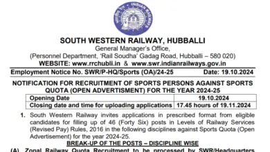 Railway RRC SWR Sports Quota Recruitment 2024 Notification OUT for Group C, Level-1 Various Posts, Offline Application Form