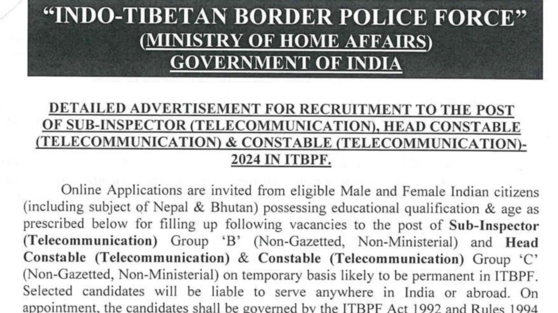 ITBPF Recruitment 2024: Apply Online for 526 SI, HC and Constable Posts