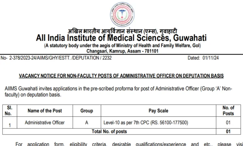 AIIMS Guwahati Recruitment 2024: Apply for Administrative Officer Post with Monthly Salary Up to Rs. 1,77,500