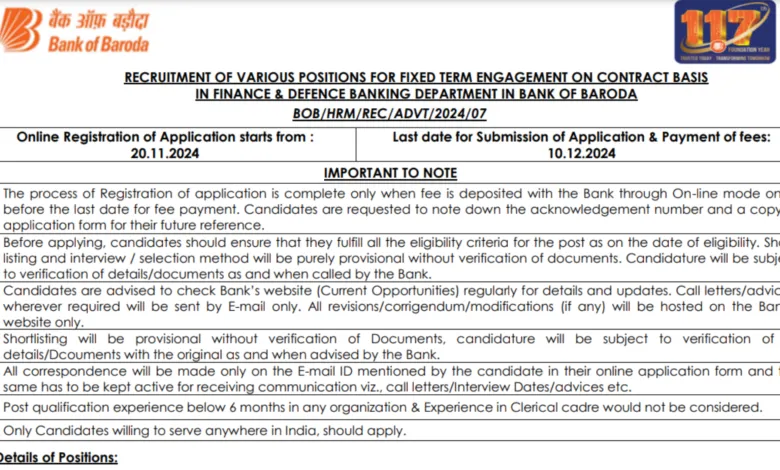 Bank of Baroda Recruitment 2024: Apply Online for Dy. Head Investor Relations & Other Posts