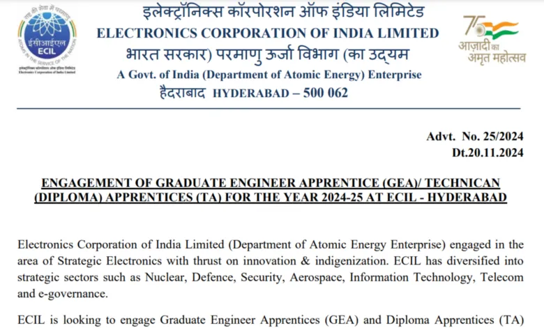 ECIL Recruitment 2024: Notification Out for 187 Graduate Engineer and Diploma Apprentices Posts, Apply Online