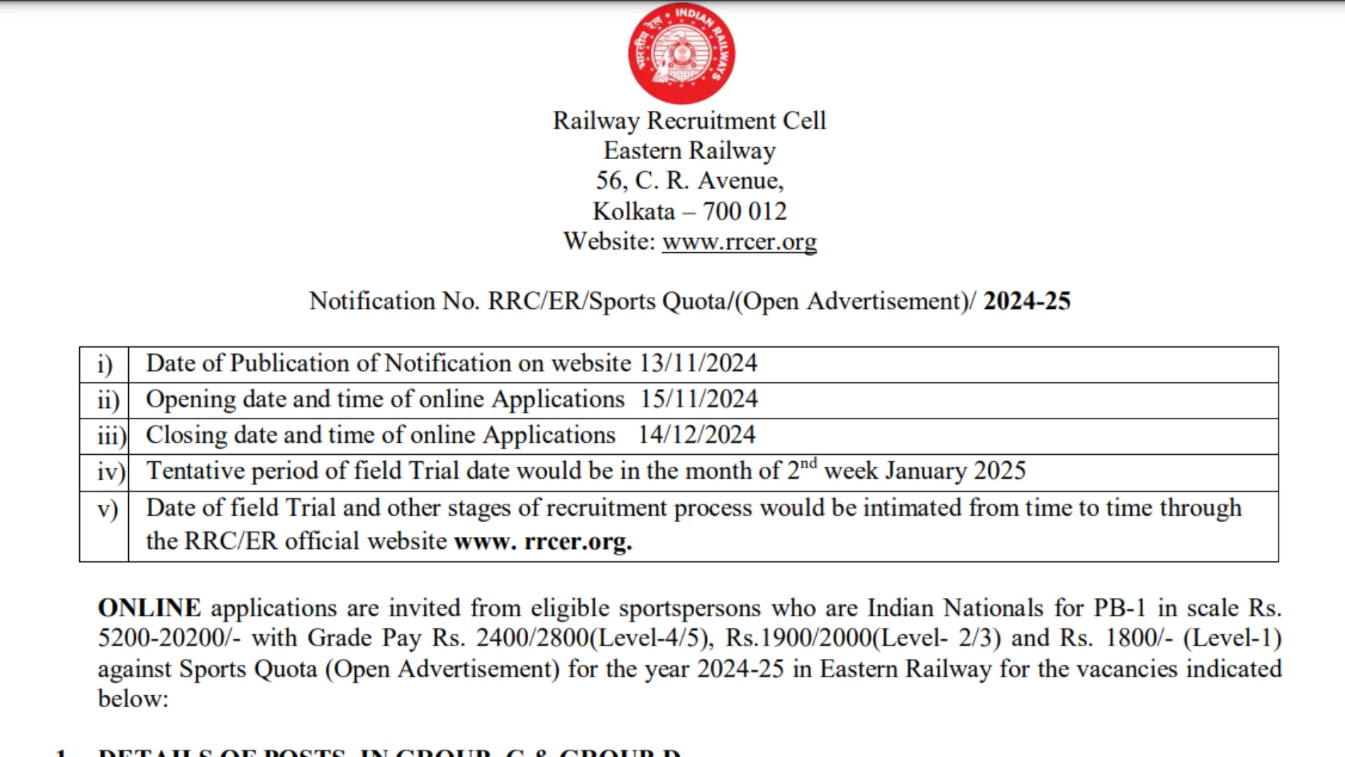 RRC ER Sports Quota Recruitment 2024 Notificatoin OUT for Various Group C, D Posts, Apply Online at rrcer.org